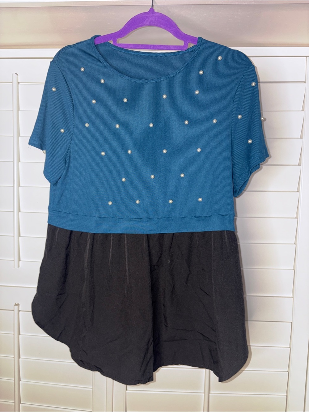 SHEIN Teal & Black Pearl-Stud Layered Tunic
